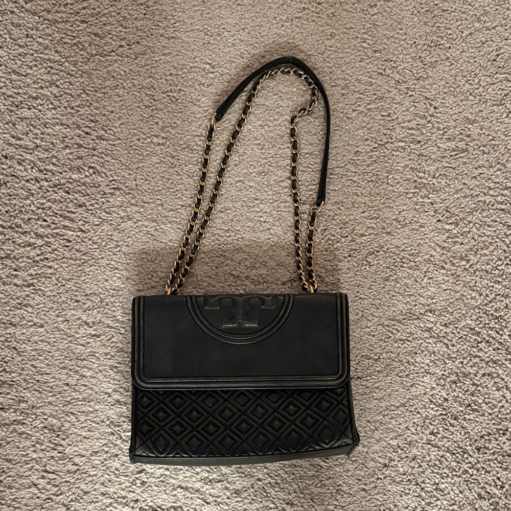 Tory Burch Black Quilted & Smooth Leather Chain Shoulder Bag